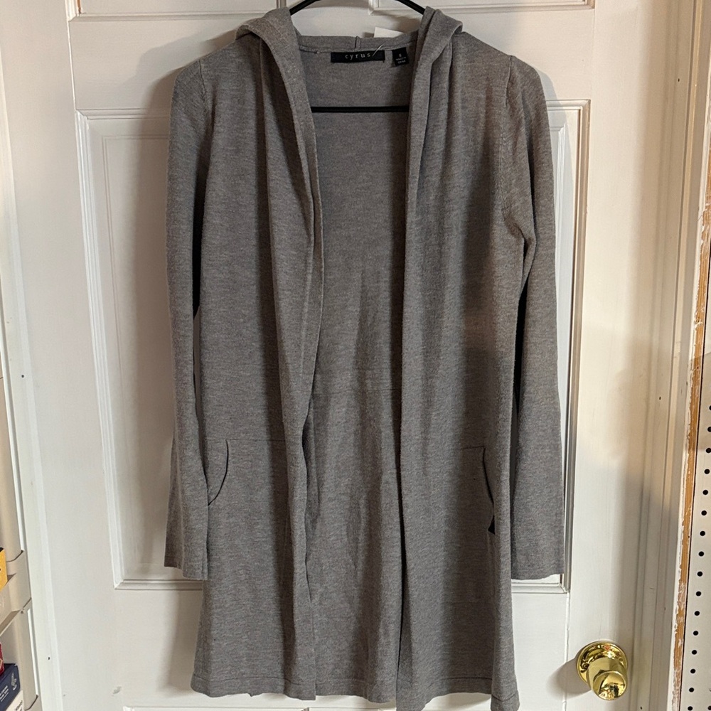 Long gray hooded cardigan